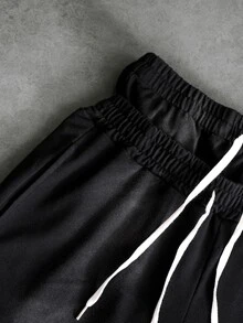 PAVTROS Men's Hip-Hop Streetwear Embroidered Double Waistband Drawstring Casual Shorts - Black - View 6