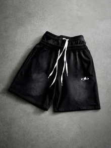 PAVTROS Men's Hip-Hop Streetwear Embroidered Double Waistband Drawstring Casual Shorts - Black - View 7