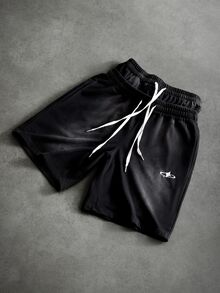 PAVTROS Men's Hip-Hop Streetwear Embroidered Double Waistband Drawstring Casual Shorts - Black - View 3