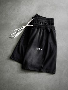 PAVTROS Men's Hip-Hop Streetwear Embroidered Double Waistband Drawstring Casual Shorts - Black - View 1