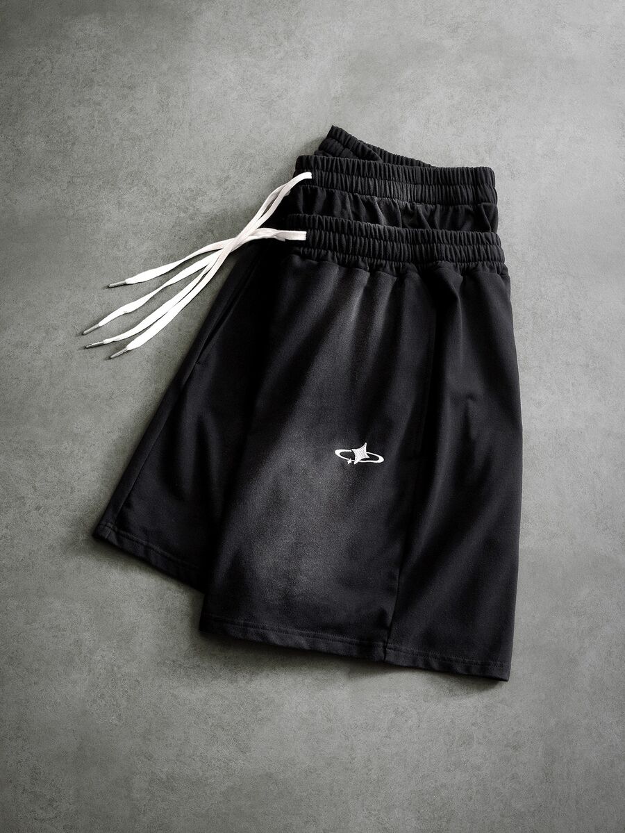 PAVTROS Men's Hip-Hop Streetwear Embroidered Double Waistband Drawstring Casual Shorts - Black - View 1
