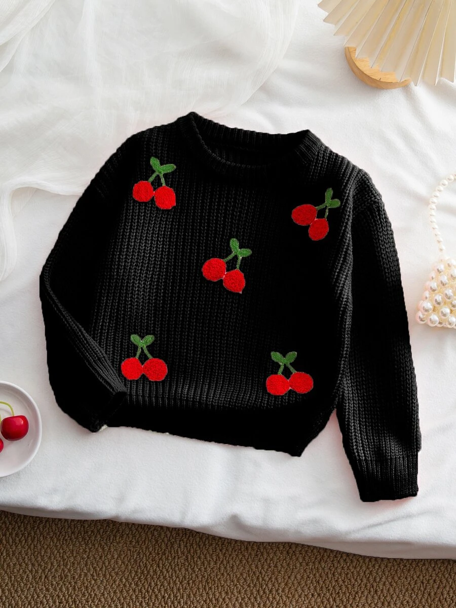 Young Girls Casual And Cute Pink Knitted Long-Sleeved Sweater With Cherry Embroidery Patterns Is Soft And Comfortable. It Is, Traveling, Vacation - Black - View 1