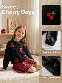 Young Girls Casual And Cute Pink Knitted Long-Sleeved Sweater With Cherry Embroidery Patterns Is Soft And Comfortable. It Is, Traveling, Vacation - Black - View 6