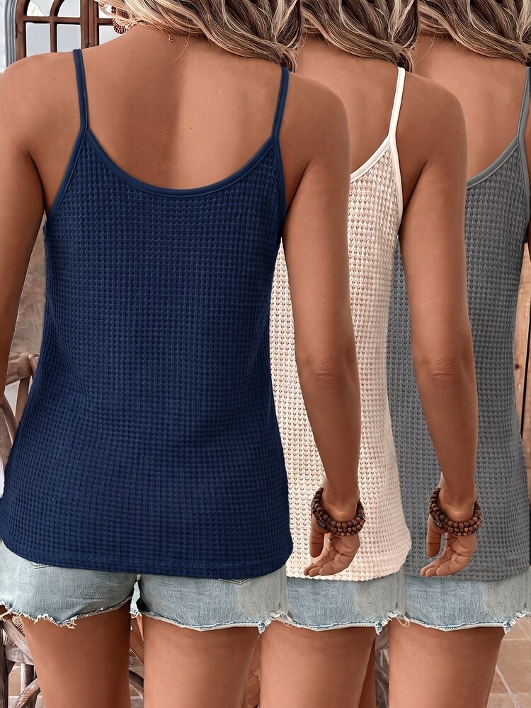 SHEIN LUNE 3pcs Women Casual Waffle Lace Splice Sleeveless Tank Tops, Basic Daily Wear Apparel, Spring/Summer, Summer Top Vacation Peach Grey Navy Blue Daytime - Multicolor - View 3