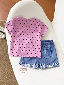 SHEIN Playful Pals 2 件套女婴休闲可爱字母和波尔卡圆点图案圆领短袖 T 恤和牛仔短裤套装，夏季 - 粉色 - 查看 2