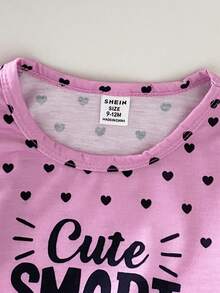 SHEIN Playful Pals 2 件套女婴休闲可爱字母和波尔卡圆点图案圆领短袖 T 恤和牛仔短裤套装，夏季 - 粉色 - 查看 3