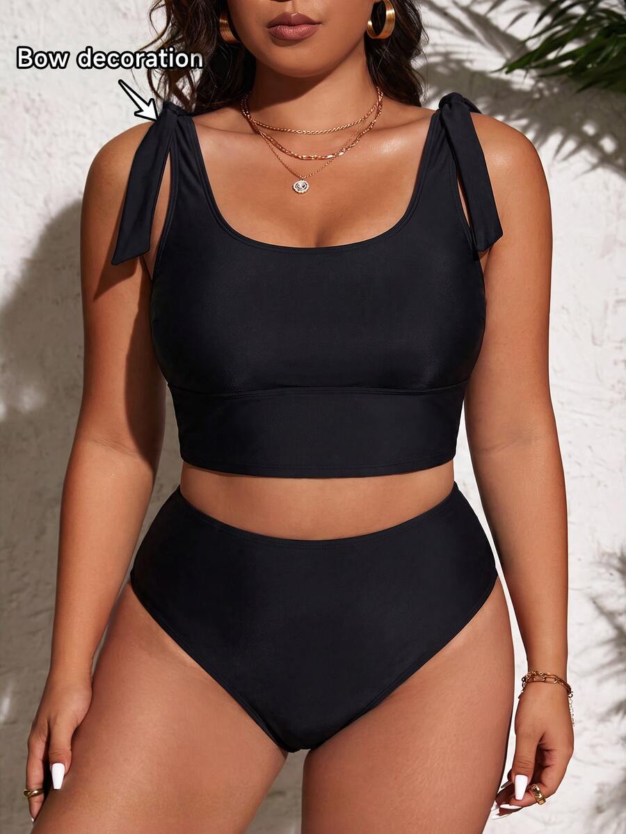SHEIN Swim Basics Plus Size Crop Top Bikini Tank Top And Fitted Bottoms Summer - Black - View 1