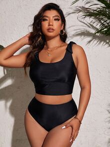SHEIN Swim Basics Plus Size Crop Top Bikini Tank Top And Fitted Bottoms Summer - Black - View 3