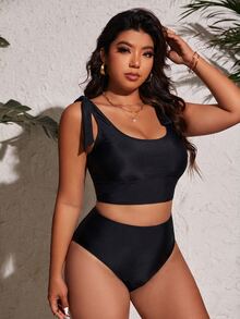 SHEIN Swim Basics Plus Size Crop Top Bikini Tank Top And Fitted Bottoms Summer - Black - View 6