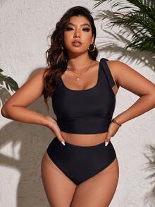 SHEIN Swim Basics Plus Size Crop Top Bikini Tank Top And Fitted Bottoms Summer - Black - View 5