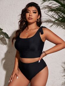 SHEIN Swim Basics Plus Size Crop Top Bikini Tank Top And Fitted Bottoms Summer - Black - View 4