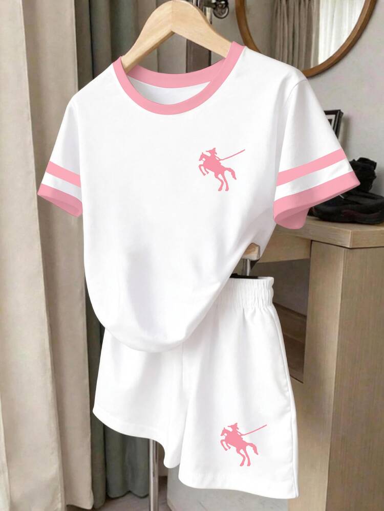 SHEIN Girls Back-To-School White Summer Athletic Racing Outfit Vintage American Campus Classic Logo Print Round Neck Short Sleeve T-Shirt Shorts Holiday - Black and White - View 3