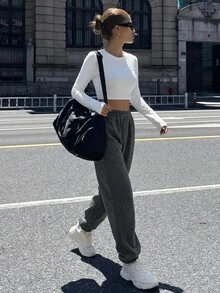SHEIN Unity 女式纯色松紧腰口袋休闲运动裤 - 深灰色 - 查看 5