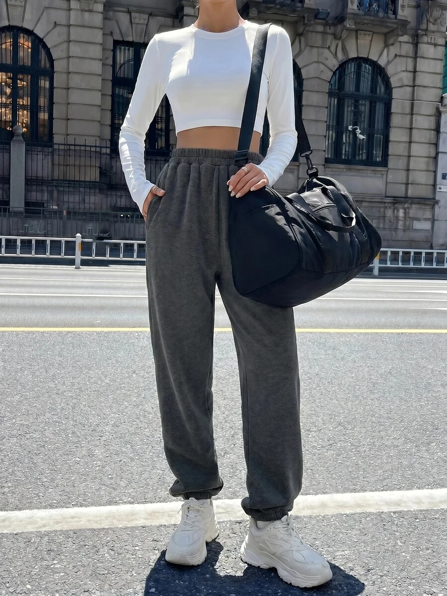SHEIN Unity 女式纯色松紧腰口袋休闲运动裤 - 深灰色 - 查看 1