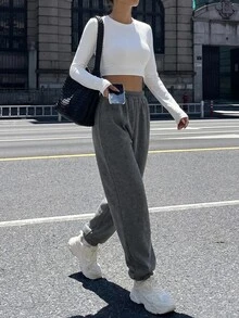 SHEIN Unity 女式纯色松紧腰口袋休闲运动裤 - 深灰色 - 查看 3