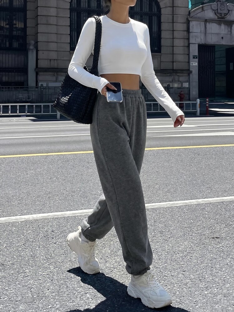 SHEIN Unity Women's Solid Color Elastic Waist Pockets Casual Sweatpants - Dark Grey - View 3