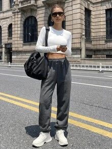 SHEIN Unity 女式纯色松紧腰口袋休闲运动裤 - 深灰色 - 查看 4