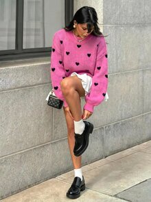 SHEIN Cottnline 心形图案高领落肩针织套头衫，秋冬款 - 玫紅色 - 查看 5