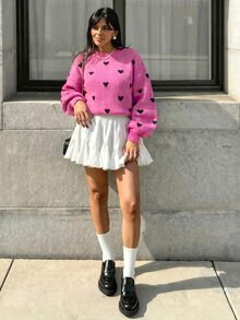 SHEIN Cottnline 心形图案高领落肩针织套头衫，秋冬款 - 玫紅色 - 查看 3