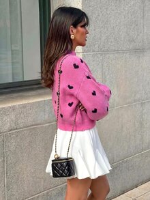 SHEIN Cottnline 心形图案高领落肩针织套头衫，秋冬款 - 玫紅色 - 查看 2