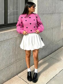 SHEIN Cottnline 心形图案高领落肩针织套头衫，秋冬款 - 玫紅色 - 查看 6