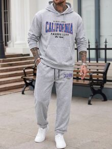 Manfinity Homme 男士字母图案袋鼠口袋连帽衫和运动裤休闲套装，外出运动服 - 灰色 - 查看 1