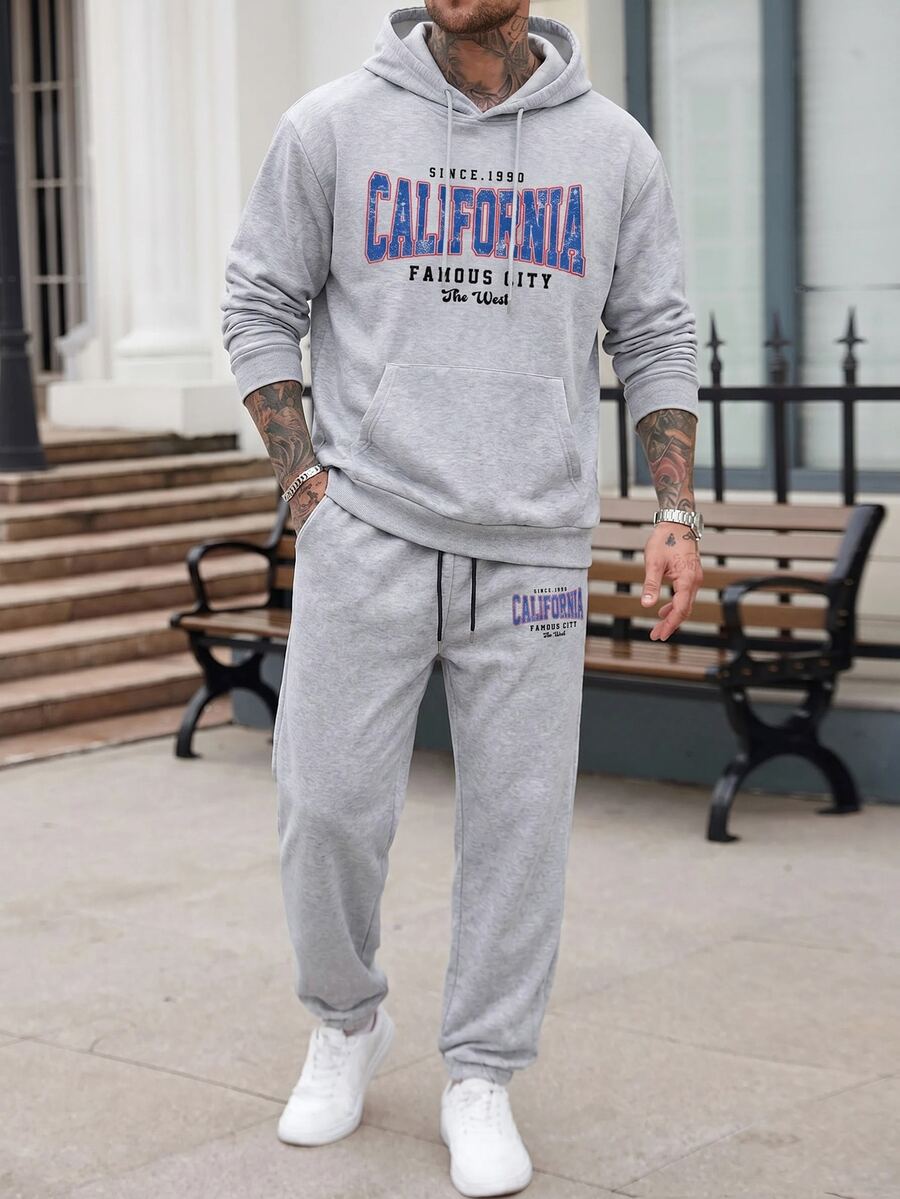 Manfinity Homme 男士字母图案袋鼠口袋连帽衫和运动裤休闲套装,外出运动服 - 灰色 - 查看 1