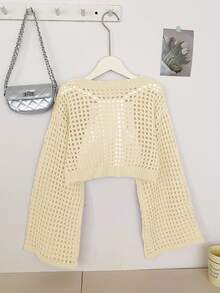 SHEIN Tween Girl Solid Color Hollow Round Neck Long Sleeve Sweater Autumn Fall Pullover - Apricot - View 2