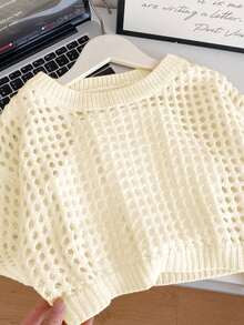 SHEIN Tween Girl Solid Color Hollow Round Neck Long Sleeve Sweater Autumn Fall Pullover - Apricot - View 3