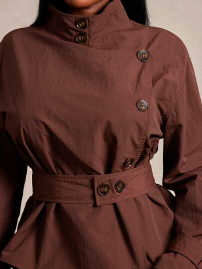 Radiana Plus Size Women's Belt And Pockets Brown Trench Coat, Solid Color Fall Autumn Winter Trench Coat