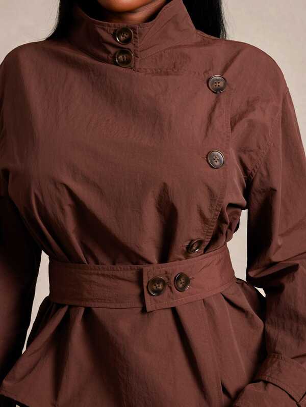 Radiana Plus Size Women's Belt And Pockets Brown Trench Coat, Solid Color Fall Autumn Winter Trench Coat
