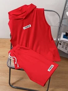 SHEIN 兒童青少年男孩寬鬆運動字母印花休閒連帽背心 & 短褲 2件組 - 紅色 - 查看 6