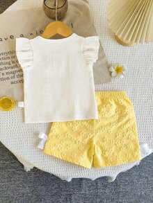 SHEIN Elladie kids 可愛米白色黃色女嬰服裝套裝 新生兒夏季度假穿搭 花卉裝飾T恤 親子家庭款 可愛爸爸的小女兒 - 彩色 - 查看 2