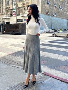 Chiquease 女士休闲纯色针织裙，秋冬 - 灰色 - 查看 3