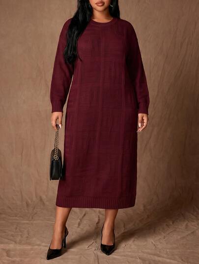 Calvaya Plus Size Women Casual Solid Color Drop Shoulder Loose Knitted Sweater Dress Without Belt, Winter