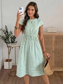 EMERY ROSE 女款休閒法式綠白條紋腰綁帶短袖洋裝，適合夏季早午餐度假 - 淡綠 - 查看 6