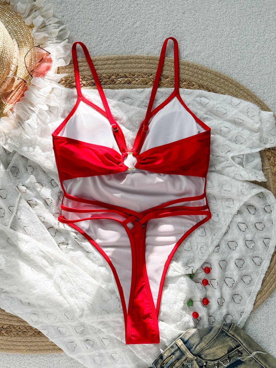 SHEIN Swim 1pc Backless Halter Women One-Piece Swimsuit Summer - Red - View 1