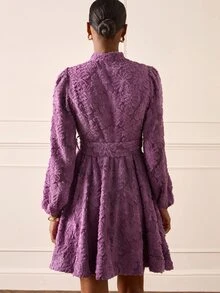 Lilora 女款高級優雅長袖提花短洋裝，高端時尚百搭優雅洋裝，適合通勤、日常休閒、外出、聚會、約會、派對、休閒、遠足、假期、秋冬、度假旅行 - 中紫紅色 - 查看 2