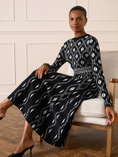 Lilora Women's Premium Elegant Diamond Pattern Sweater Dress High-End Fashion Versatile Office Dinner Corporate Daily Casual Outing Gathering Autumn Winter