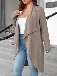 SHEIN Clasi Plus Size Women Solid Color Large Lapel Waterfall Collar Long Sleeve Open Front Jacket Teachers' Day Summer Office Khaki - Brown - View 4