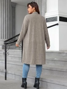 SHEIN Clasi Plus Size Women Solid Color Large Lapel Waterfall Collar Long Sleeve Open Front Jacket Teachers' Day Summer Office Khaki - Brown - View 2