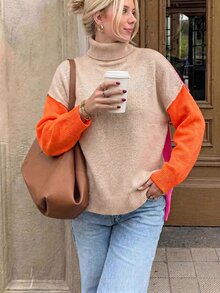 SHEIN Cottnline Color Block Turtleneck Drop Shoulder Knit Pullover Fall Winter Sweater - Multicolor - View 4