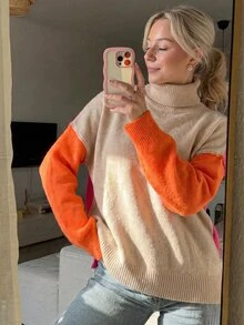 SHEIN Cottnline Color Block Turtleneck Drop Shoulder Knit Pullover Fall Winter Sweater - Multicolor - View 3