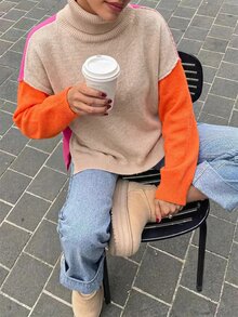 SHEIN Cottnline Color Block Turtleneck Drop Shoulder Knit Pullover Fall Winter Sweater - Multicolor - View 2