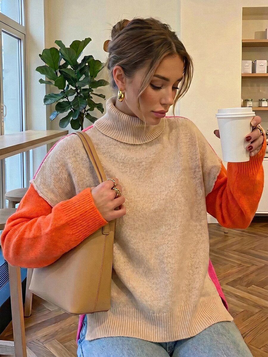 SHEIN Cottnline Color Block Turtleneck Drop Shoulder Knit Pullover Fall Winter Sweater - Multicolor - View 1