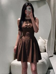 Modelyn Gaun Wanita Musim Semi/Panas Hijau Tenun Tanpa Lengan dengan Ikat Pinggang Model A-Line dan Pita Elegan dan Romantis - Coklat - View 1