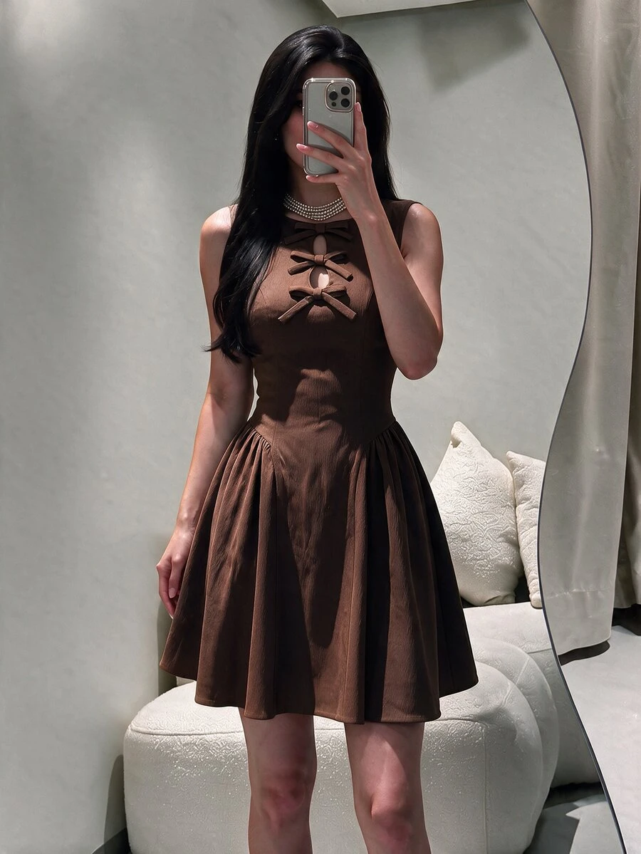 Modelyn Gaun Wanita Musim Semi/Panas Hijau Tenun Tanpa Lengan dengan Ikat Pinggang Model A-Line dan Pita Elegan dan Romantis - Coklat - View 1