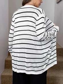 SHEIN LUNE 大尺碼女款純色秋季黑白滿版開襟衫，附口袋，返校商務休閒熱帶傳統優雅冬季款 - 黑與白 - 查看 10