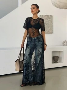 Chikora 大尺碼夏季性感蕾絲透視洋裝 - 黑色 - 查看 4