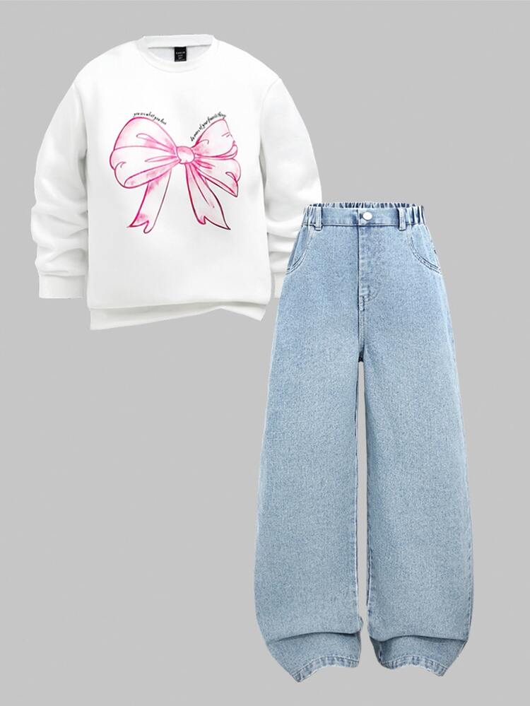 SHEIN 2pcs/Set Tween Girl Casual Cute Loose Butterfly Print Sweatshirt White Powder Blue Washed Embroidered Straight Leg Jeans School Vacation Autumn Career - Multicolor - View 2